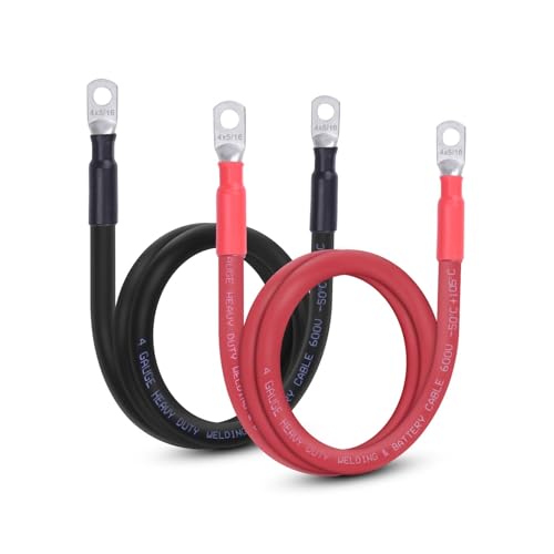 Image of 4AWG Flexible Battery Cable with 5 /16 inch Terminals - OFC Pure Copper Inverter & Welding Wire for Automotive Solar RV Motorcycle (Red + Black 3FT Pair)