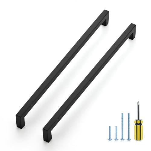 Image of Ravinte 5 Pack Kitchen Matte Black Cabinet Handles 12-3 /5 Inch Hole Center Stainless Steel Square Cabinet Pulls for Dresser Drawer Cupboard Handles with Screwdriver