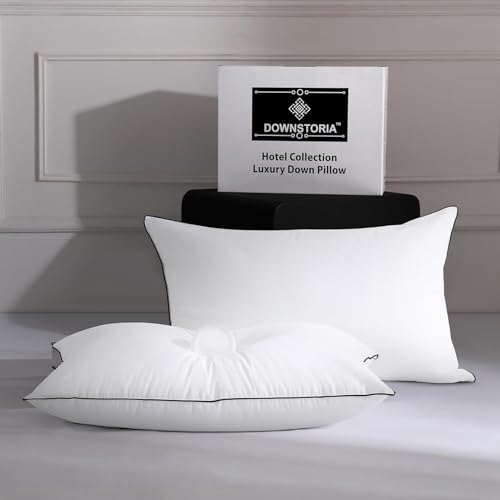 DOWNSTORIA Juego de 2 almohadas de plumas tamaño King, almohadas de cama de la colección de hotel de lujo, 2 unidades, almohadas rodeadas de plumón para dormir, suaves y esponjosas para personas que