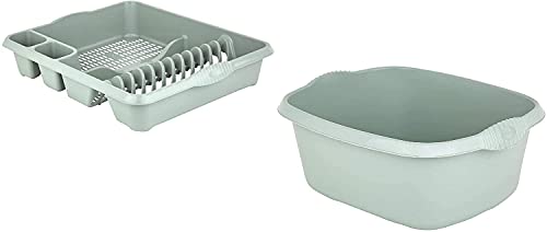 Plastic Rectangular Washing Up Bowl & Large Dish Drainer Rack Plate Holder Kitchen Sink 2 Pc Set (Sage)