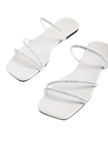 Image of GORGLITTER Women's Rhinestone Wedding Flat Sandals Sparkly Strappy Glitter Dressy Slip on Bling Bridal Prom Cute Slide Shoes