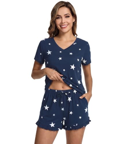 Image of WiWi Womens Pajamas Set Bamboo Viscose Super Soft Short Sleeve Top Ruffle Shorts Sleepwear Cooling Pj Sets S-XXL