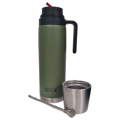 Gaucho Bruno Termo Yerba Mate 3 en 1 - Termo para Yerba Mate con 'pico cebador' pico rojo de alto precision iconico - Incluye Mate y Bombilla - Acero Inoxidable Termico - Capacidad de 1 litro