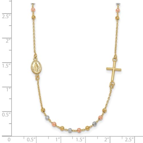 14K Tri-Color Gold Sideways Cross Beaded Rosary Style 18 inch Necklace4