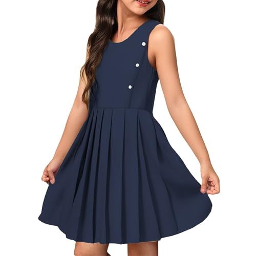 Girls Summer Sundress Casual Sleeveless Swing Dress A-Line Knee Length School Jumper Pleated Ruffle Midi Preppy Dress