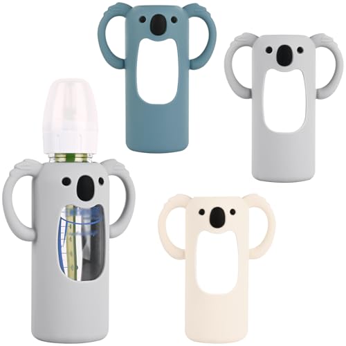 Image of HUAKENER 3 Pack Silicone Sleeves with Handles for Dr Brown's Glass Baby Bottles 8 oz, Anti Breakage Baby Bottle Holder, Compatible with Dr. Brown's Natural Narrow Glass Baby Bottles