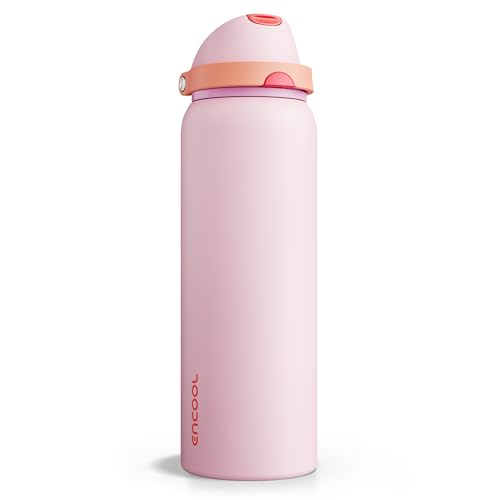 Image of Insulated Water Bottle with Straw - Encool Stainless Steel Water Bottle with Push Button Lid, Leak-Proof & BPA-Free, Keeps Cold for 24 Hours for Sports, Travel, Gym (40 oz, Lily-Red)
