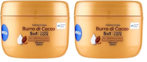 NIVEA Crema Corpo Burro di Cacao 250ml, Crema corpo idratante 48 ore, Crema corpo idratante pelle secca arricchita con Siero Idratazione Intensa, Burro di Cacao & Vitamina E (Confezione da 2)
