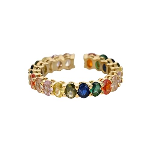 Rainbow Cubic Zirconia Gold Ring for Women, 18K Gold Plated Colorful Eternity Band, Dainty Stackable Open Rings, Birthday Jewelry Gift