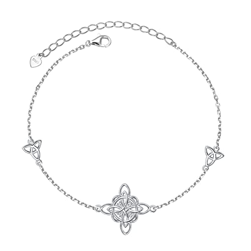 FLYOW 925 Sterling Silver Good Luck Irish Jewelry Triquetra Trinity Celtic Witches Knot Bracelet for Women - Main Image