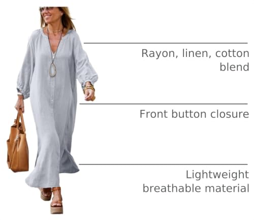 Image of chouyatou Women Summer Long Sleeve Notch Neck Maxi Linen Shirt Dress Loose Button Down Tunic Shift Dress