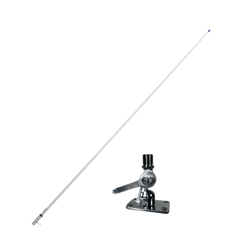 Glomex Antena VHF o wysokiej wydajności 2,4 m (biała/chromowana) + podstawa RA166/23, model RA1206CR – wysoki zysk 6dB, chromowana rama, do łodzi żaglowych, silników, pontonów, jachtów