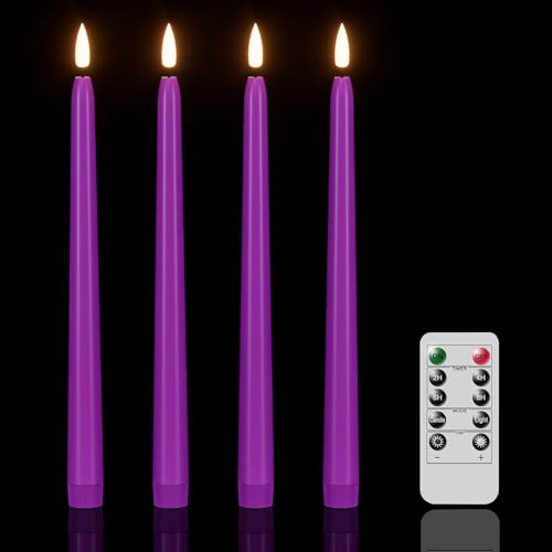 Image of Wondise Halloween Flameless Taper Candles with Remote & Timer, 4 Pack Purple Battery Operated LED Candles with 3D Wick Flickering for Halloween Decorations Gift