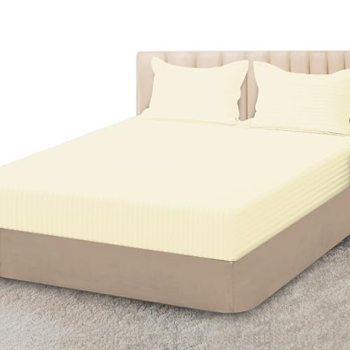 Image of Sunshine Comforts Satin stripe Fitted Sheets King Size Breathable, Anti Wrinkle 25cm Deep Pocket Bed Sheets Bedding & Linen 152X200-CM Cream Bedding King Size Fitted Sheets