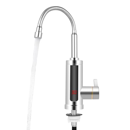 Elektrischer Wasserhahn mit Durchlauferhitzer 3000 W, 360° Drehbare Armatur mit Sofortiger Warmwasserbereiter Ohne Vorheizen, LED Anzeige, Warmwasserhahn für Küche, Silber