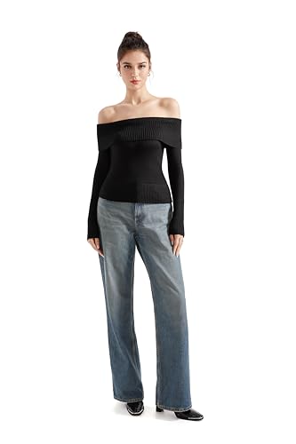Image of SUUKSESS Women Off Shoulder Sweaters Long Sleeve Ribbed Knit Going Out Fall Tops Blouse