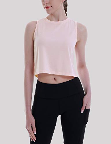 BALEAF Women\'s Workout Sleeveless Shirts Quick Dry Cropped Tank Tops Loose Fit Muscle Shirts Athletic Gym Yoga Tops Pink Size S