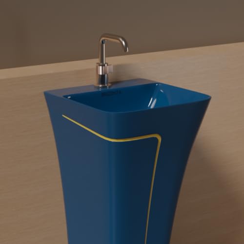 Image of Pedestal Wash Basin, Ceramic One Piece Wash Basin for Bathroom & Living Room, Modern Home Wash Basin with Glossy White Finish (L15XW15.8XH35 Inch) (Royal Blue + Yellow Line)