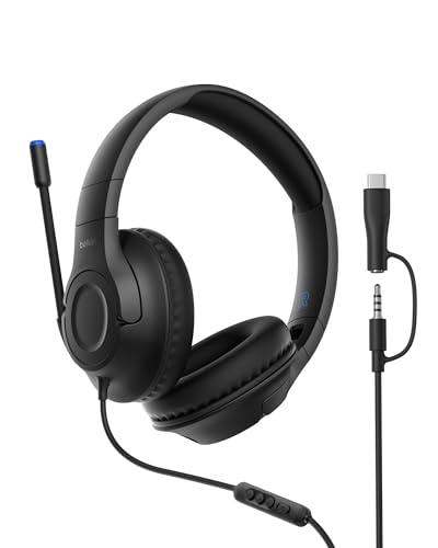 Belkin Gaming Inspire Auriculares para niños con Cable y Adaptador USB-C, Micrófono Externo Ajustable, Limitador del Volumen a 85dB, Nintendo Switch 2, iPhone 16, Samsung Galaxy S25 y tabletas, Negro