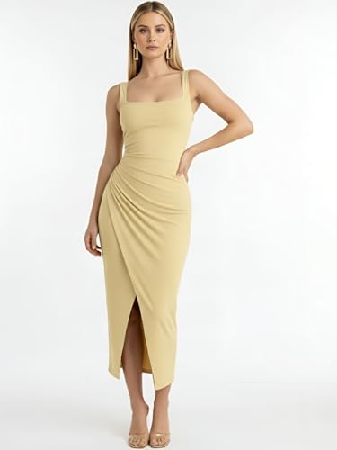 Image of Women's Sleeveless Midi Dress, Square Neck, Ruched Side, Bodycon Style with Slit
