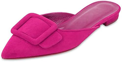 Divanne Mules for Women, Buckle Flat Mules Pointed Toe Backless Mule Slides Suede Slip On Loafers-Hot Pink-Suede-10M US