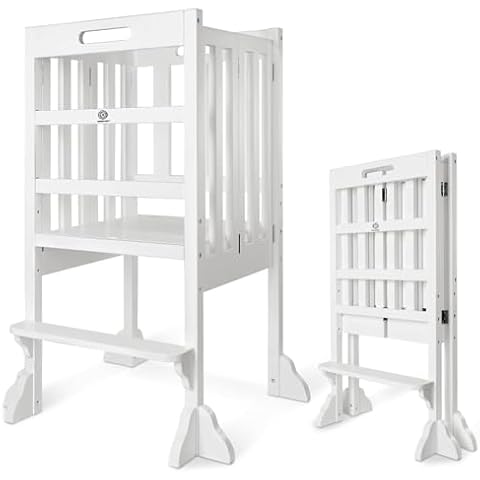 WOOD CITY Montessori Foldable Kitchen Step Stool- Kitchen Step Stool Helper for Toddlers with Safety Rail, Height Adjustable Ideal Helper for Learning New Skills, Natural Pure Pine Wood Cover