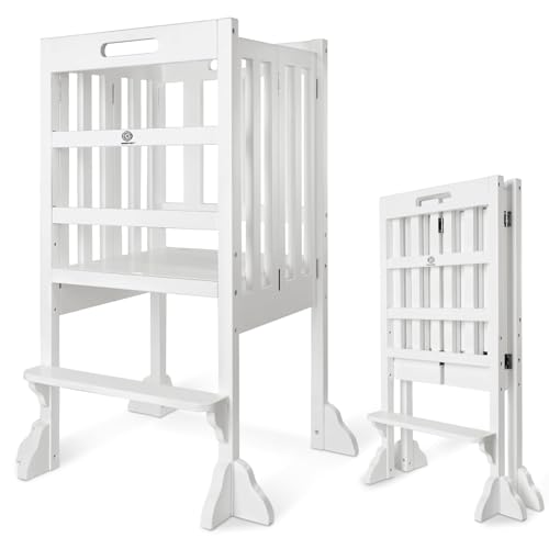 Image of WOOD CITY Kitchen Step Stool Helper - Montessori Foldable Standing Tower for Toddlers with Safety Rail, Height Adjustable Ideal Helper for Learning New Skills, Natural Pure Pine Wood(White)