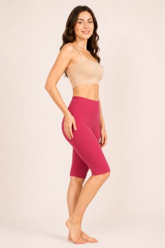 Image of mybody Women's Cotton Knee Length Cycling Shorts | Stretchable Breathable Biker Gym Yoga Workout Shorts | Mid Waist Athletic Fit