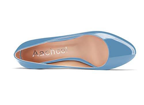 Aachcol Women Round Toe Pumps Kitten Low Heel Slip-On Dress Shoes Office Light Blue Patent 1.5 Inch 6 Us #TOP3