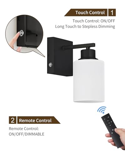 Image of Rayogale Wireless Battery Operated Wall Sconce Set of 2 with Remote Control | Black Dimmable Rechargeable Wall Lights with Timer, Easy Install White Glass Lamp for Living Room Bedroom, Emergency 3000K