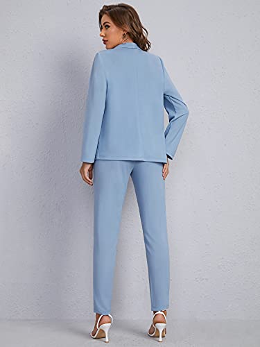 Shein Women's Open Front Solid Blazer Two Piece Slant Pocket Pants Set Outfits Light Blue Large #TOP1