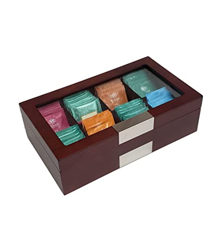 Timelybuys 8 Compartment Cherry Wood Tea Box Storage Organizer Chest Box Gourmet Tea Coffee Glass Display Lid #TOP5