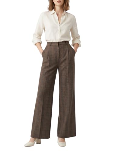 OctMoon Womens High Waisted Wide Leg Palazzo Pants Long Length Striped Trousers for Tall Women Flowy Extra Long Palazzo Pants with Classic Plaid Pattern(Dark Brown)-XL