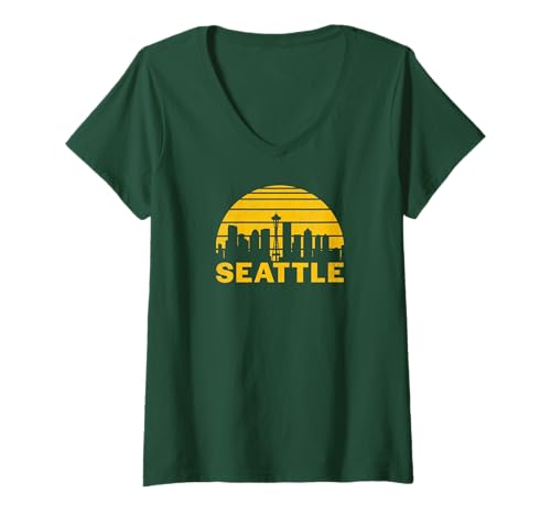 Womens Vintage Seattle Washington Cityscape Retro V-Neck T-Shirt