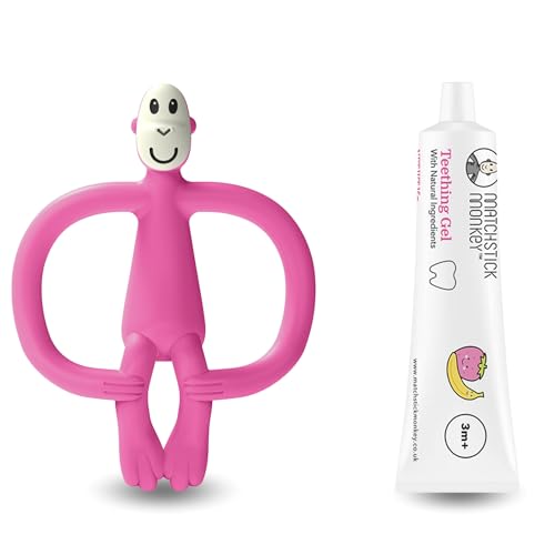 Matchstick Monkey Zahnungs-Set - Beißring + Bio Zahnungsgel Erdbeere-Banane – Natürliche Zahnungshilfe für Babys ab 3 Monaten, Vegan, Tierversuchsfrei, BPA-frei (Affe pink + Zahnungsgel)