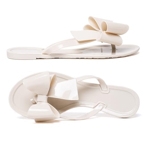 Image of Mtzyoa Women Flip-Flops Flat Sandals Jelly Bow Beach Flat Rivets Rain Cute Dressy Summer Sandals