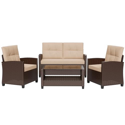 Shintenchi 4 Piece Patio Furniture Set, Outdoor Rattan Conversation Set with Coffee Table, Outside Wicker Sectional Sofa Couch with Cushion, Brown and Khaki - Thumbnail 7