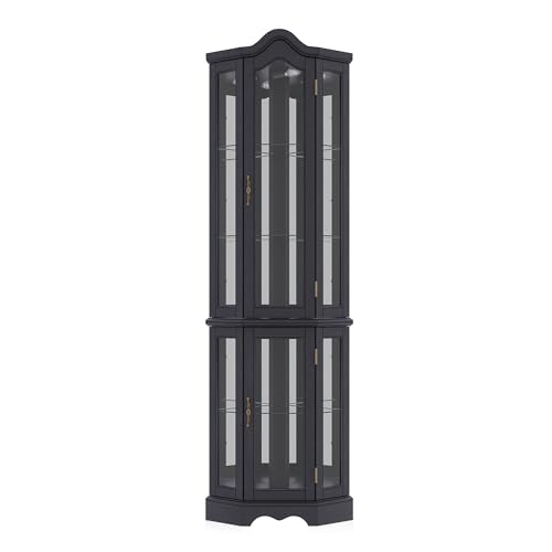 Image of BELLEZE Lighted 3-Side Glass Display Curio Cabinet w /Tempered Glass Doors and Shelves, Curved Wood Corner Cabinet with Bulb, Corner Storage Rack for Living Room and Kitchen (Black)