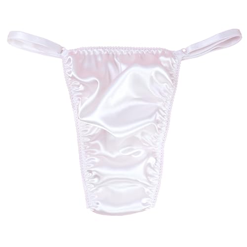 Ania's Poison Sissy Thong Panties White Satin Shiny Triangle T-thong Adjustable Men's Thong Panties