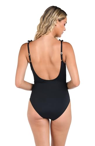 La Blanca Women's Island Goddess Ruffled Plunge One Piece Swimsuit, Black, 8 - image 2