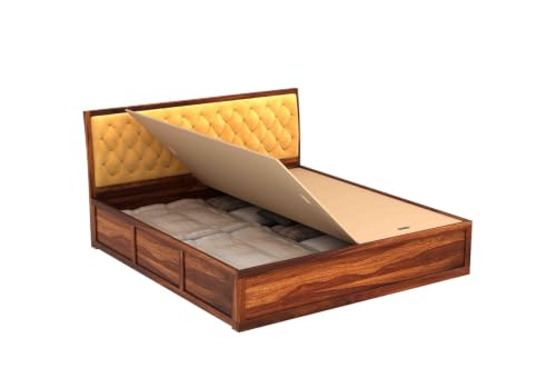 Image of Solid Sheesham Wood King Size Bed with Box Storage | Yellow Upholstered Cushion Headboard | Wooden Double Bed for Bedroom | Palang /Cot /Mancham | Honey Finish