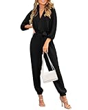BTFBM Womens Spring Long Sleeve Jumpsuits Dressy Casual One Piece Outfits V Neck High Waist Belt Pocket Long Pants Romper(Solid Black, Small)
