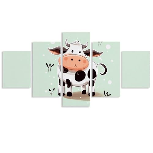 Tableau vache mignonne en 5 panneaux encadrés pour salon moderne