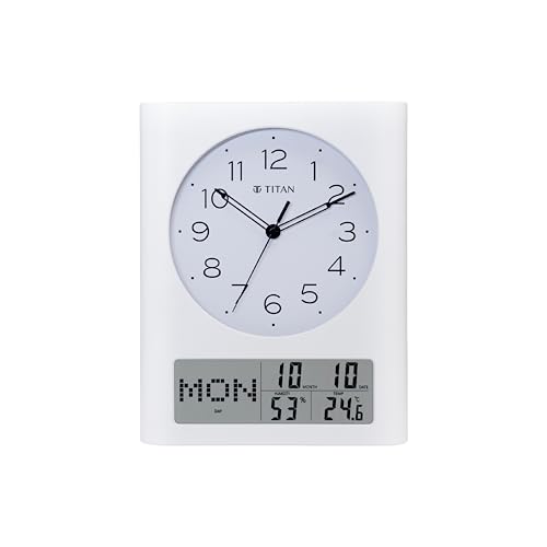 Image of Titan Analog and Digital Display Wall Clock | Day, Date & Month | Temperature & Humidity Display | White Case White Dial | 330x260mm | W0116PC02