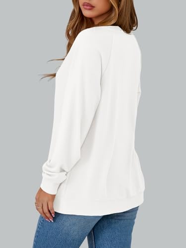 Tankaneo Sweatshirt Damen V Ausschnitt Pullover Leicht Elegant Langarmshirts Casual Baumwoll Oberteil Sexy Locker Pulli Basic Top Einfarbig Weiß L