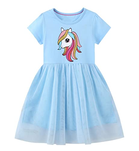Toddler Girls Easter Cotton Casual Tutu Dress Short Sleeve Blue Unicorn Tulle Skirt Party Summer Spring Outfits Playwear Dresses 2T