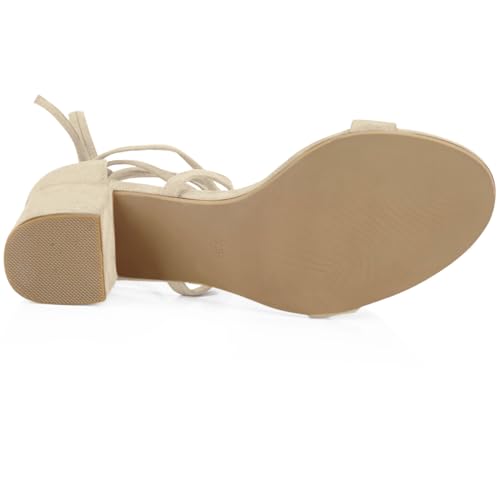 Allegra K Women's Open Toe Lace up Mid Chunky Heeled Sandal (Size US 7.5) Beige-faux Suede