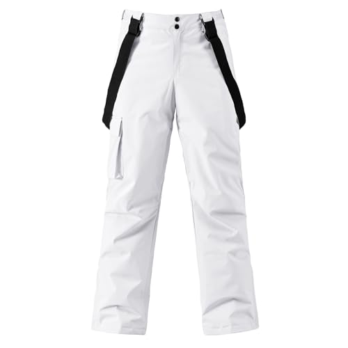 YEEFINE Mens Ski Snow Pants Insulated Waterproof Snowboard Cargo Pants Bibs Regular Fit Winter Outdoor Sports(White M)