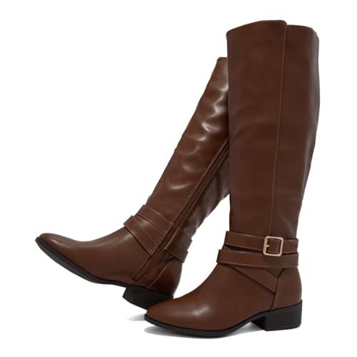 Zszszsu Women's Classic Low Flat Heel Knee High Boot Fashion Round Toe Buckle Strap Riding Boots Side Zipper Warm Winter Dress Shoes Size 4-16 US3