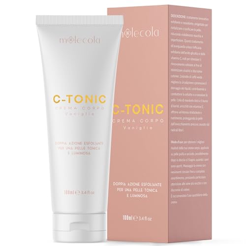 C-TONIC - Crema Corpo Idratante Esfoliante con Acido Glicolico, Crema Corpo Profumata Persistente - Crema Corpo Rassodante e Tonificante con Pantenolo e Vitamina C - Moolecola (150 ml, Vaniglia)